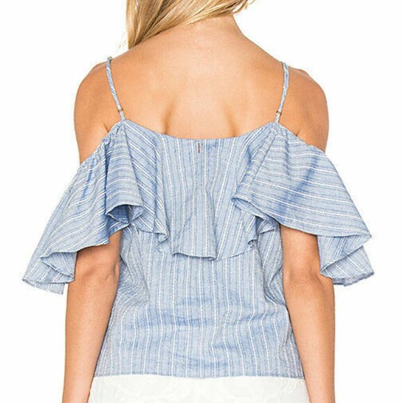 MISA Los Angeles Marina Top Womens L Blue Stripe Cotton Ruffle Cold Shoulder - Picture 7 of 9